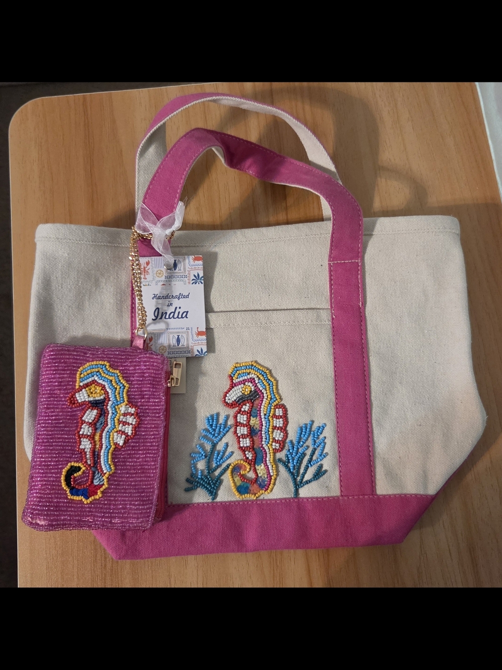 Handcrafted Pink & Cream Seahorse Tote Bag - India